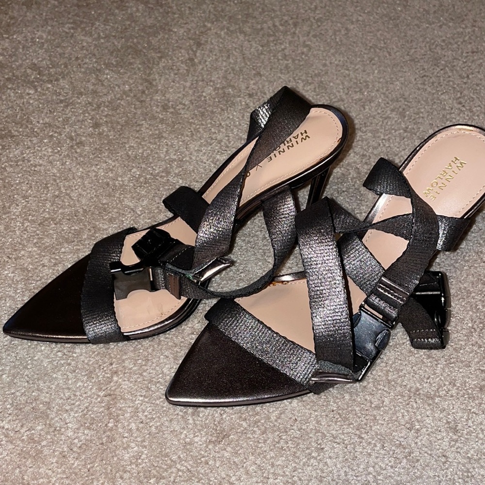 Steve Madden X Winnie Harlow Run Punch Strappy Sandals In Pewter Metallic Size 8